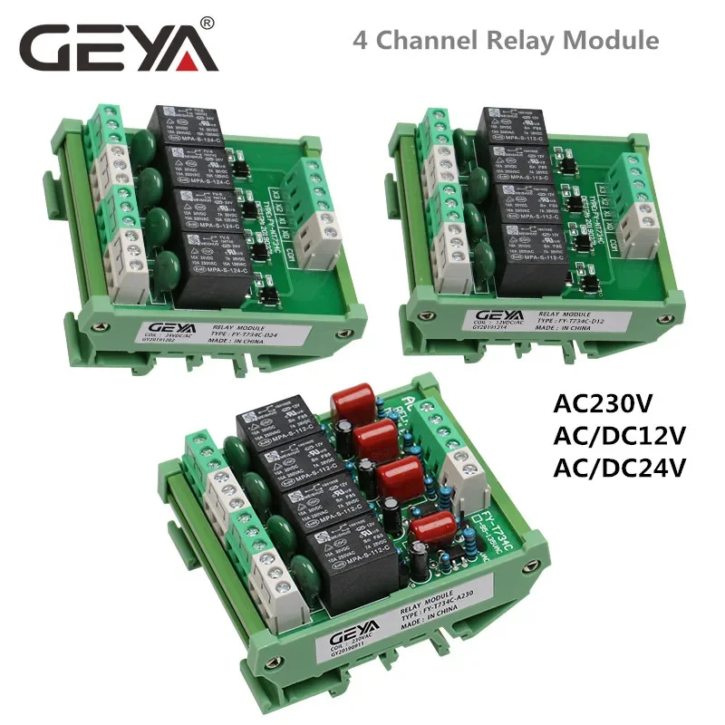 GEYA Din Rail 4 Channel Relay Module 1 SPDT DIN Rail Mount 12Volt DC 24Volt DC Interface Relay Module 230VAC 5VDC