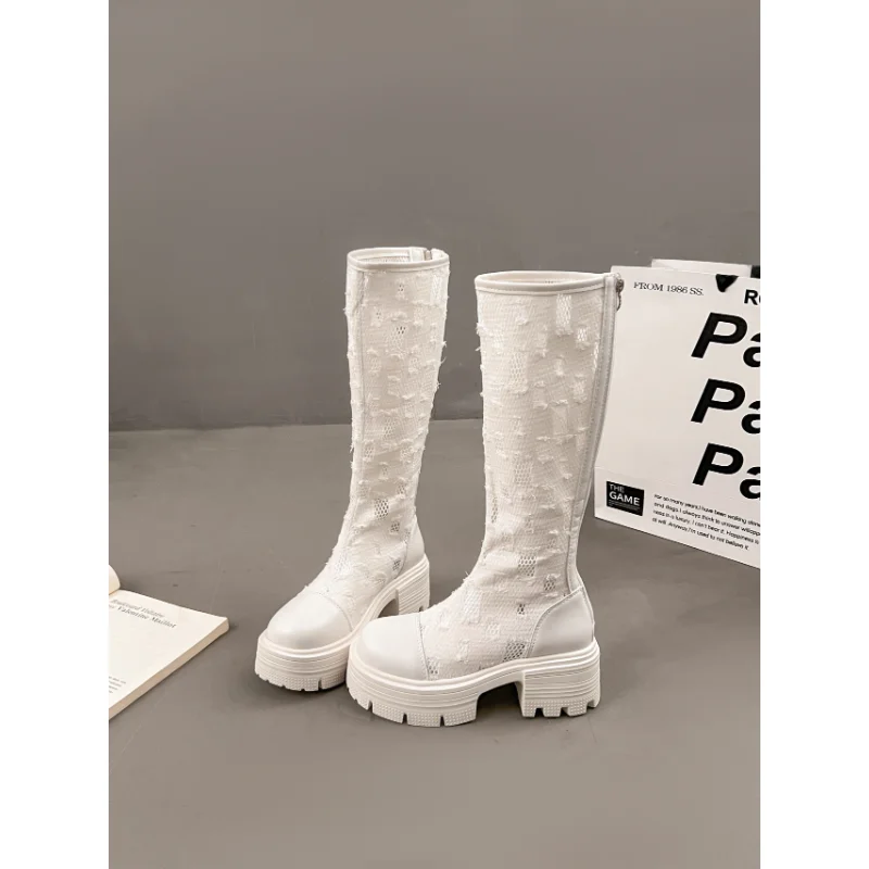 أحذية نسائية على الموضة أحذية طويلة شبكية جديدة مع نعل سميك قابل للتنفس وصنادل بمقدمة مستديرة لا توجد فوق الركبة #6