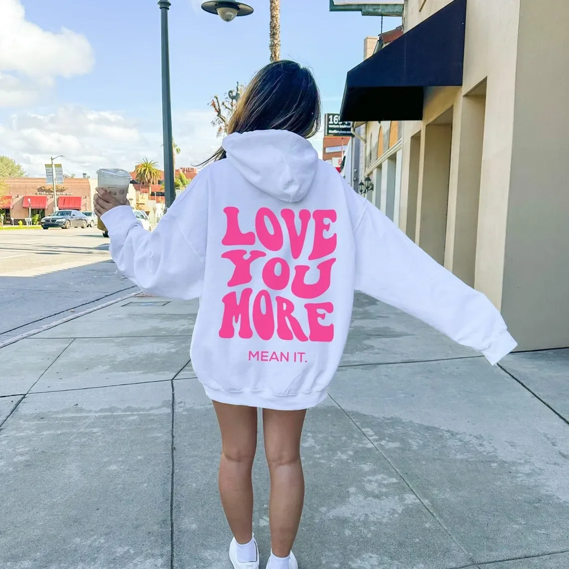 LOVE  YOY NORE Women\'s Plush Hoodies Lettering Slogan Print Kangaroo Pocket Drawstring Loose Hoodies