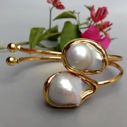 Y·YING Cultured White Baroque Pearl Gold Plated Bangle Bracelet