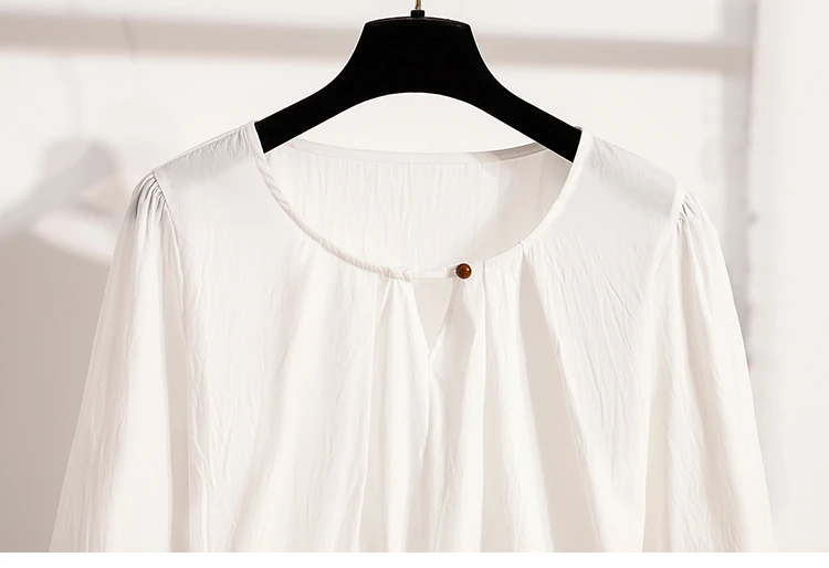 2026 Weiße Bluse mit Kordelzug-Taille, langen Ärmeln, lockerem Schnitt, verjüngendem Peplum, Babydoll-Stil, lässiges Top aus Crinkle-Stoff – Detail 8