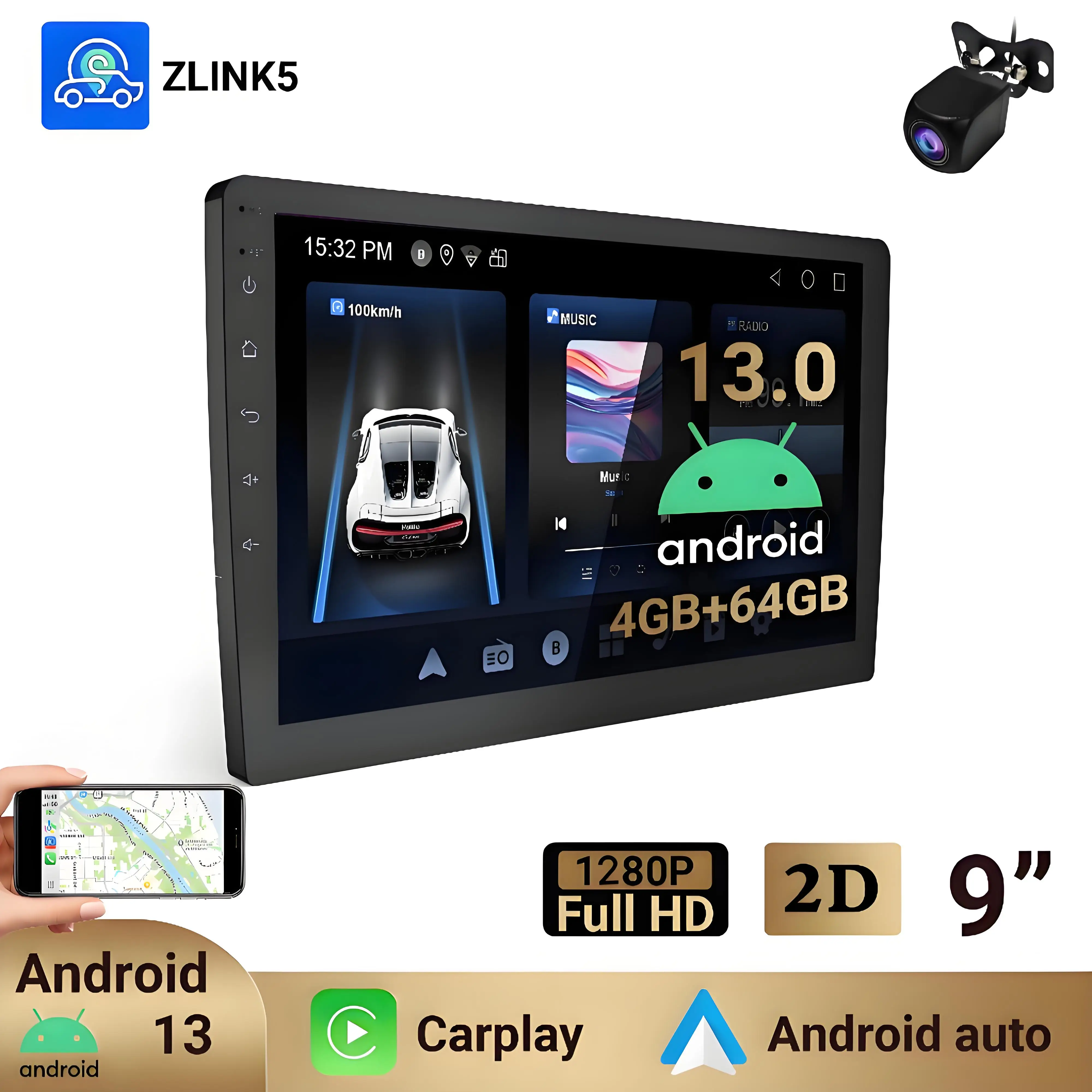 

Universal Wireless Car Stereo with Carplay & Android Auto, Mirror Link, Backup Camera,64G/4 & 8Core/GPS/FM/ASP/RDS