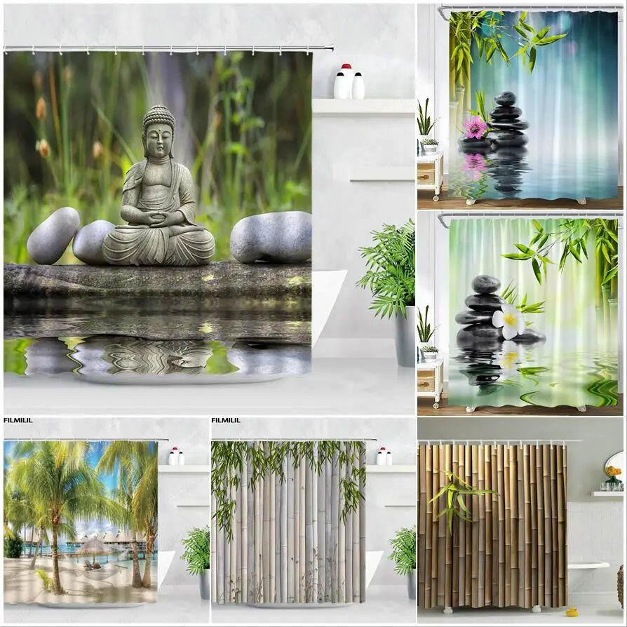 Zen Buddha Green Bamboo Shower Curtain Palm Trees Beach Ocean Flower Plant Nature Landscape Wall Hanging Bathroom Decor Curtains