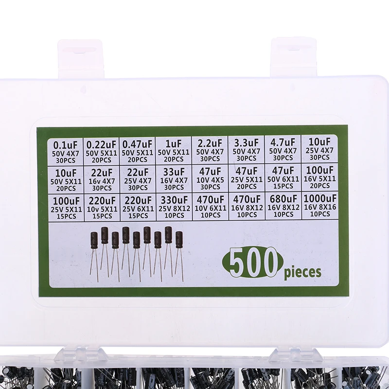 500Pcs 0.1-1000UF 24Values Aluminum Electrolytic Capacitors 16-50V Capacitor Kit