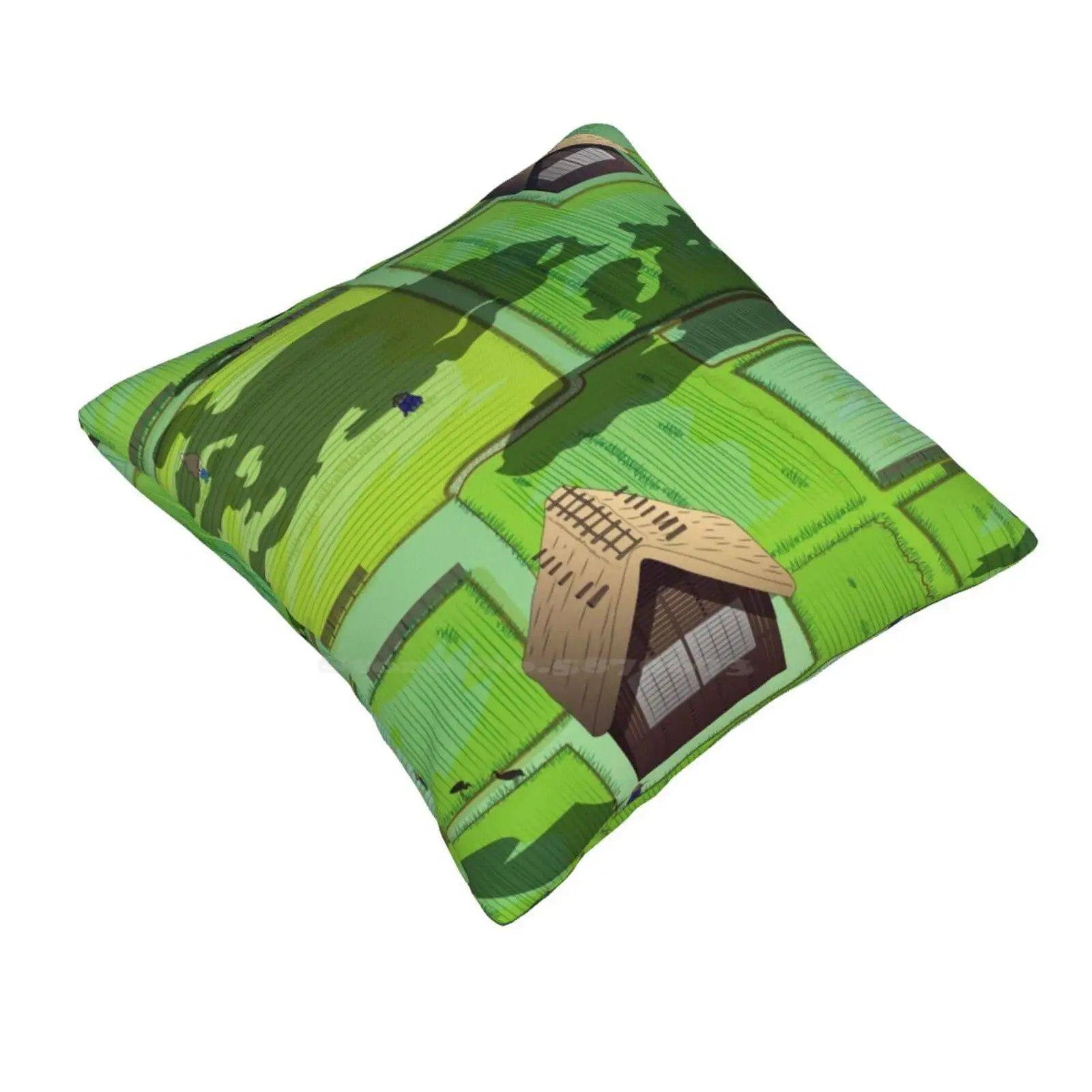 Rice Paddy Field Funny Cute Decor Square Pillowcase Asia Japanese Rice Field Ecology Tradition Folklore Landscape Comic Working