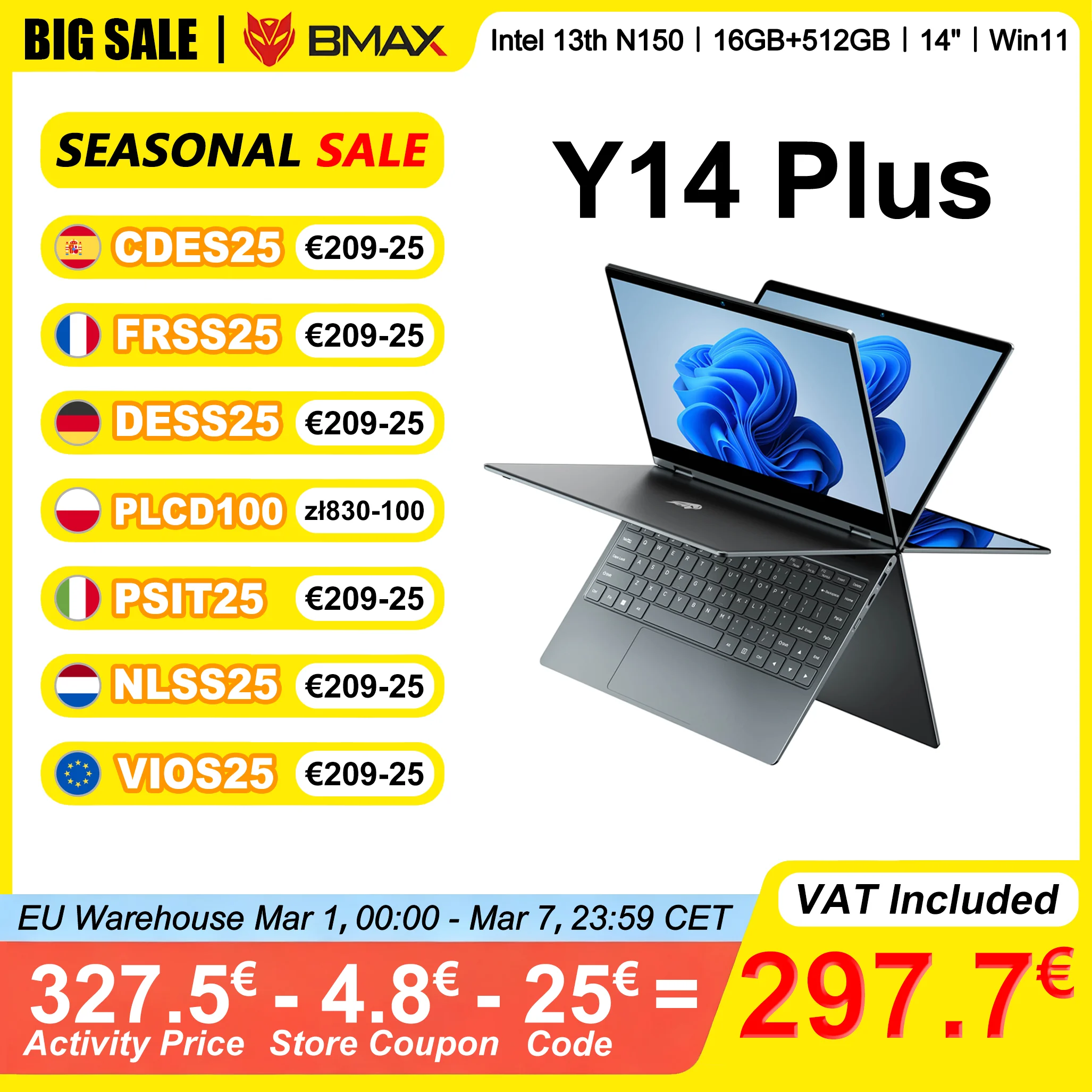 BMAX Y14 Plus portátil pantalla táctil de 14 pulgadas 16GB RAM 512GB SSD Intel N150 1920*1080 IPS 360 ° Cuaderno Convertible Windows 11