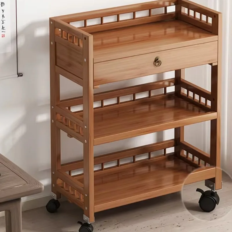 Mobile Bamboo Sofa Side Table, Compact Balcony Tea Trolley, Living Room Corner End Table