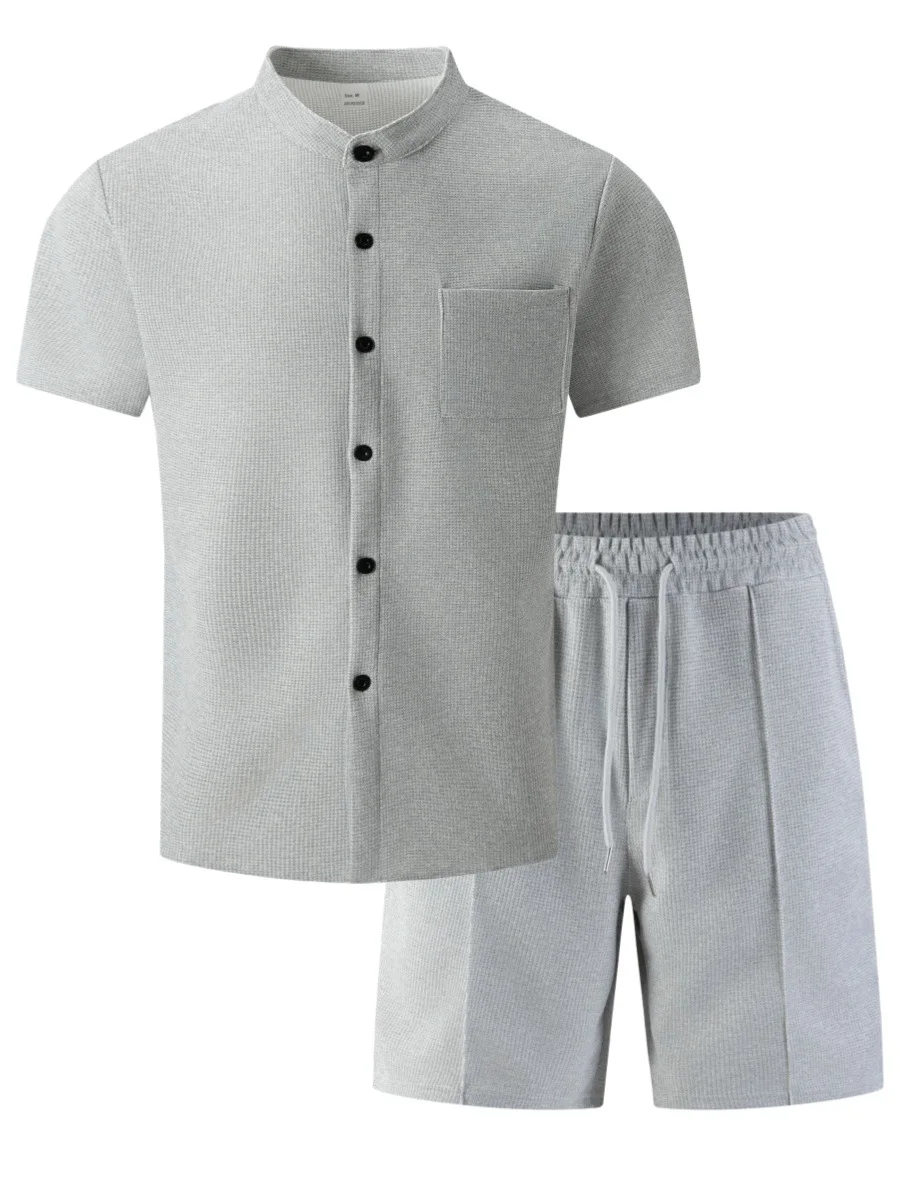 Men's new summer style waffle plain-color crew-neck t-shirt with pocket short-sleeved set with beach shorts men's casual suit
