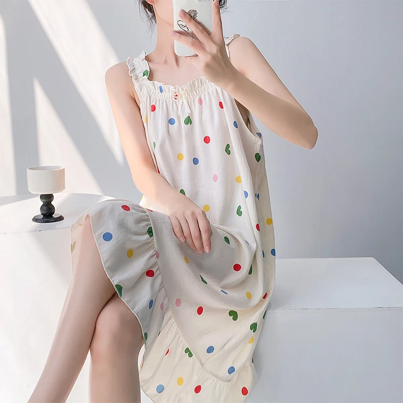 

New Sleeveless Nightgowns Women Summer Print Home Casual Ruffles Design Girlish Padded Sleepwear Sweet All-match Daily Mujer