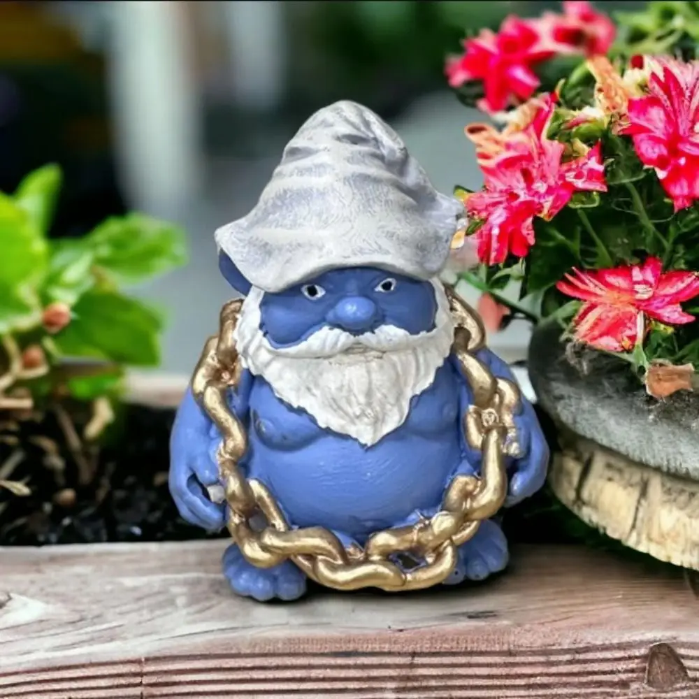 Gnome Gordo Azul com Corrente de Ouro Engraçado Resina Artesanato, Bonito Jardim Ornamento, Estátua Anão Decorativa, Sala de estar