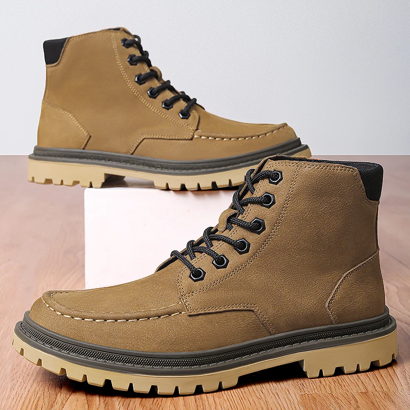 

High End Frosted Autumn Winter Men Mid Top Boots Retro Casual Soft Sole Anti Slip Personalized European American Work Boots