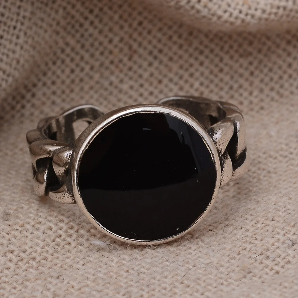 Best Sell Trendy 13mm Big Round Black Resin Thai Silver Man Finger Rings Jewelry No Fade Birthday Gifts Drop Shipping image 2