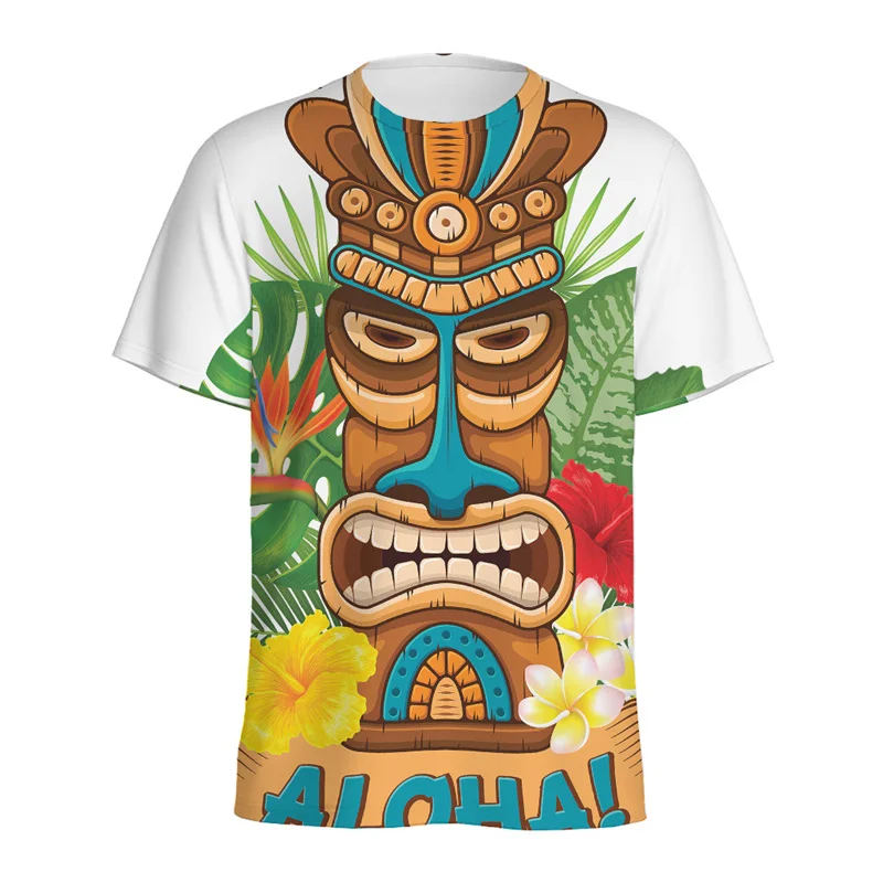 Tribal Tiki Mask 3d Printed T Shirt For Men Kids Tropical Hawaiian Beach T-shirt Summer Short Sleeves Round Neck Tee Shirts