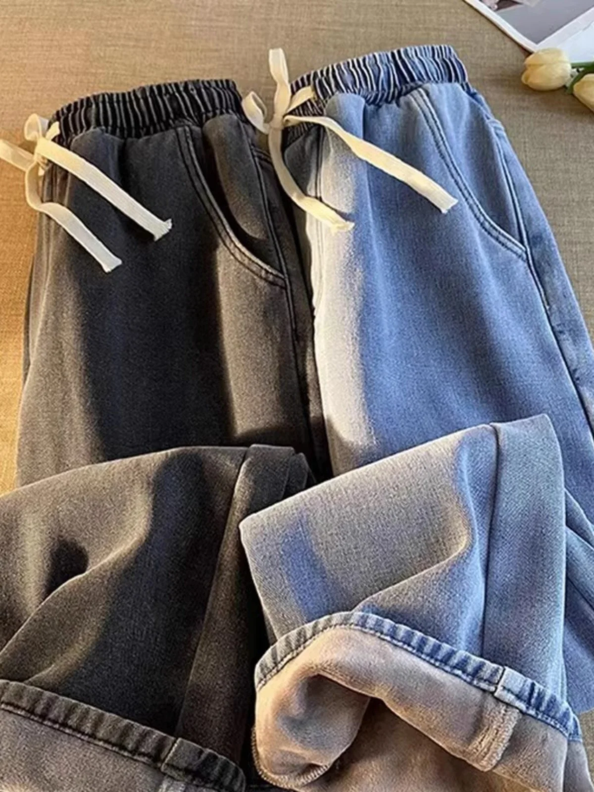 Jeans Women's Spring Autumn New High Waist Straight Tube Solid Denim Pants Elastic Waist Large Loose Student Wide Leg Pants