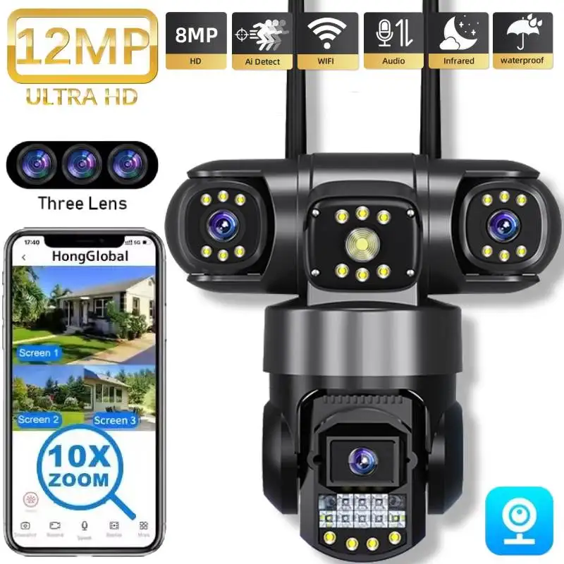 12MP Three Lens PTZ IP Camera Outdoor HD Three Screen WiFi Security Camera Auto Tracking Two-way Audio CCTV Camera V380 APP