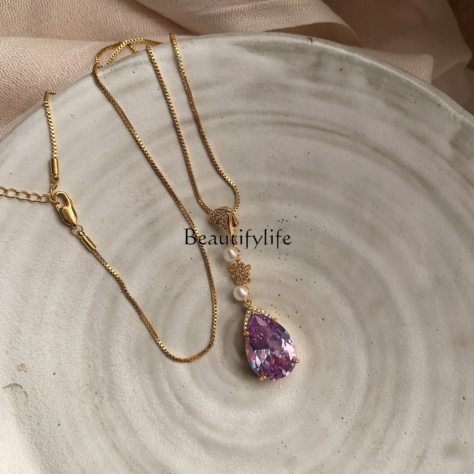 Multi-faceted cut natural pearl chain romantic limited purple super flash zircon love French