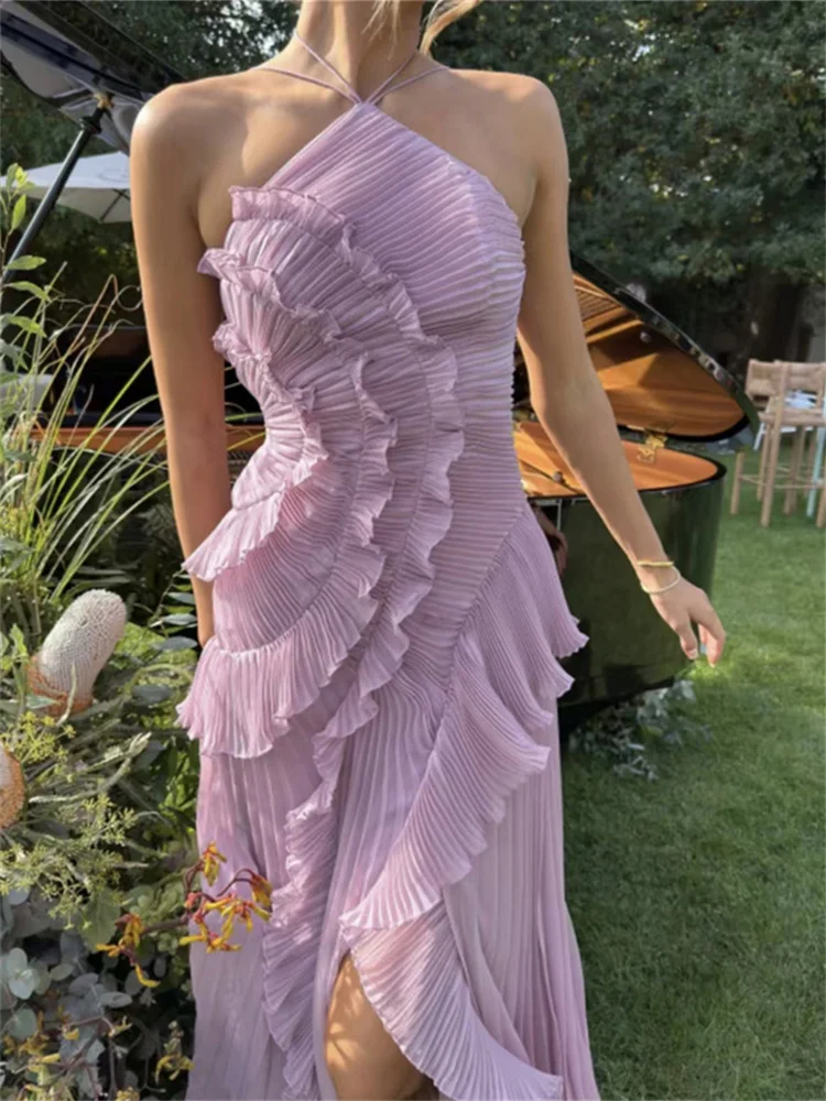 Macheda Ruffles ตกแต่ง Maxi ชุดผู้หญิง Halter ปิดไหล่ Backless แยก Robe ฤดูร้อนแฟชั่น Ruched Elegant Long Bodycon