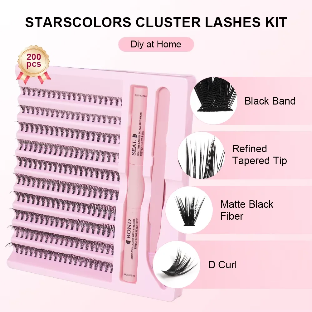 DiY Cluster Lashes Kit 200 Pcs: 8-16mm Mixed, Bond & Seal Glue, Tweezers for Natural Self Application Look