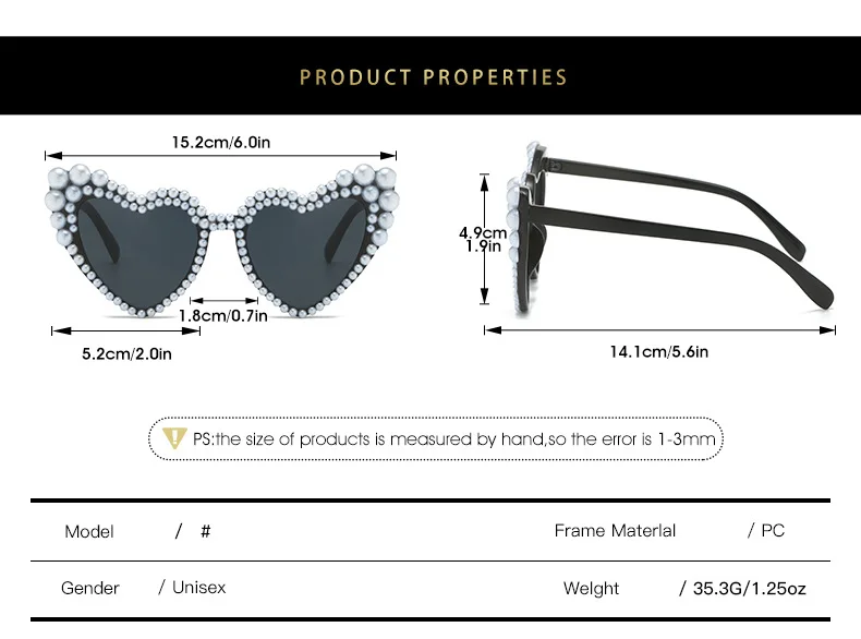 Luxus Perle Herz Sonnenbrille Frauen Schöne Party Hochzeit Damen UV400 Sonnenschutz Brautjungfer Bräute Gläser – Detail 4