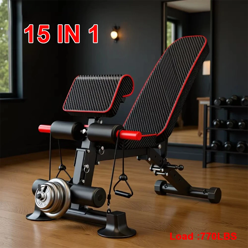 Banc de musculation réglable 15 en 1, banc de gym multifonctionnel avec design pliable, 8 positions de dossier, coussinets ergonomiques rembourrés pour plus de confort, parfait pour les entraînements à domicile