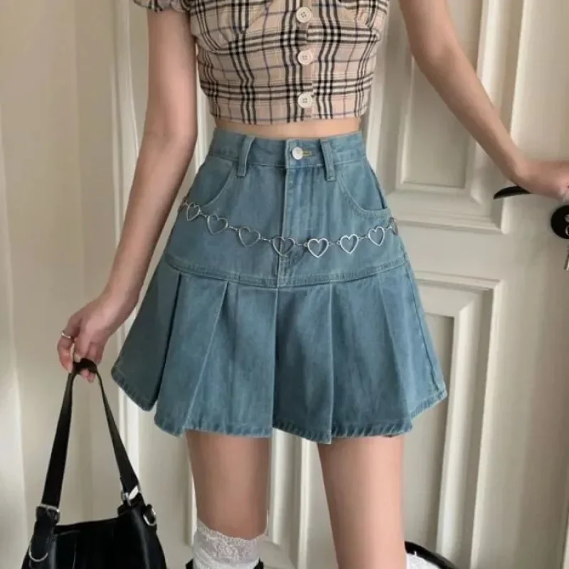 

Casual Denim Mini Skirt Women Summer 2025 High-Waiste Harajuku Y2k Pleated Skirt Blue Japanese Korean Style Clothing