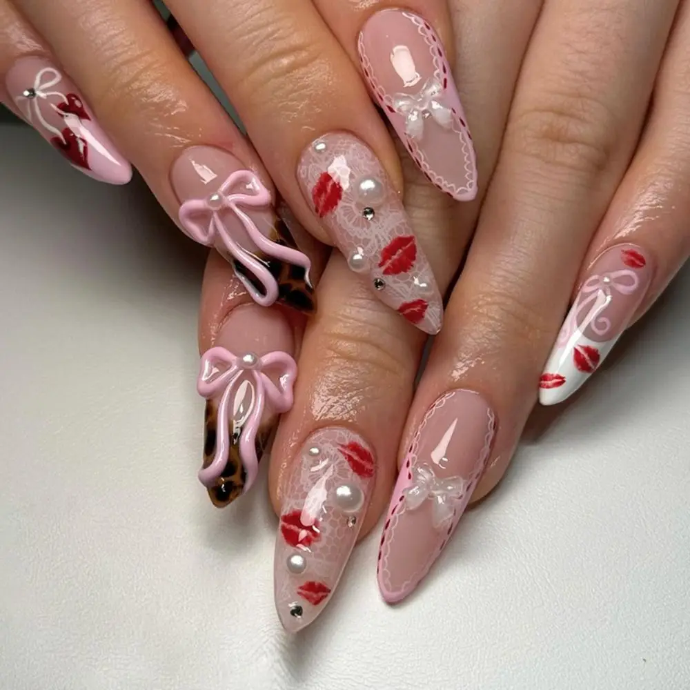 

24pcs Manicure Long Almond False Nails French Bow Pearl Press on Nails Aurora Wave Detachable Nail Tips Women