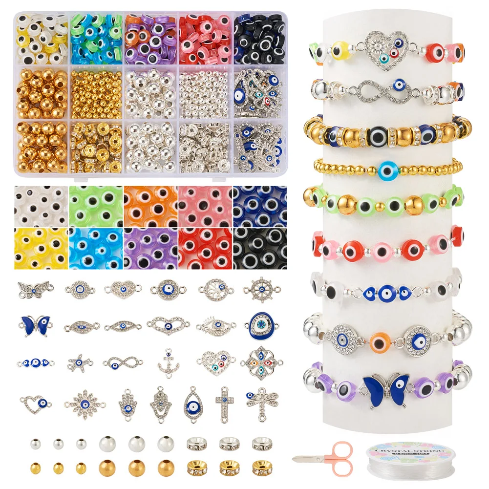 

1 Set DIY Evil Eye Bracelet Making Kit with Cross Heart Starfish Alloy Charms Resin Beads Spacer Beads for Children Handmade Diy