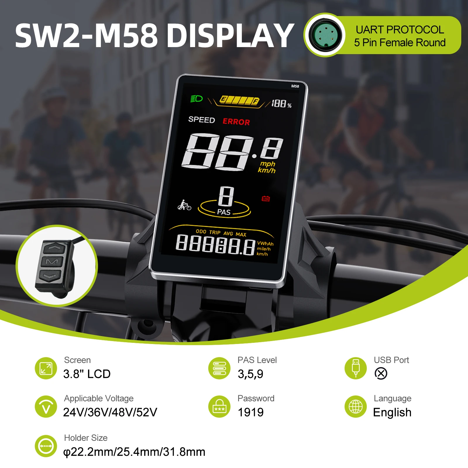 Varstrom Display E-Bike Bluetooth Computer UART CAN System E-Bike Instrument für BAFANG Tongsheng Motor Protokoll 5-Pin Anschluss