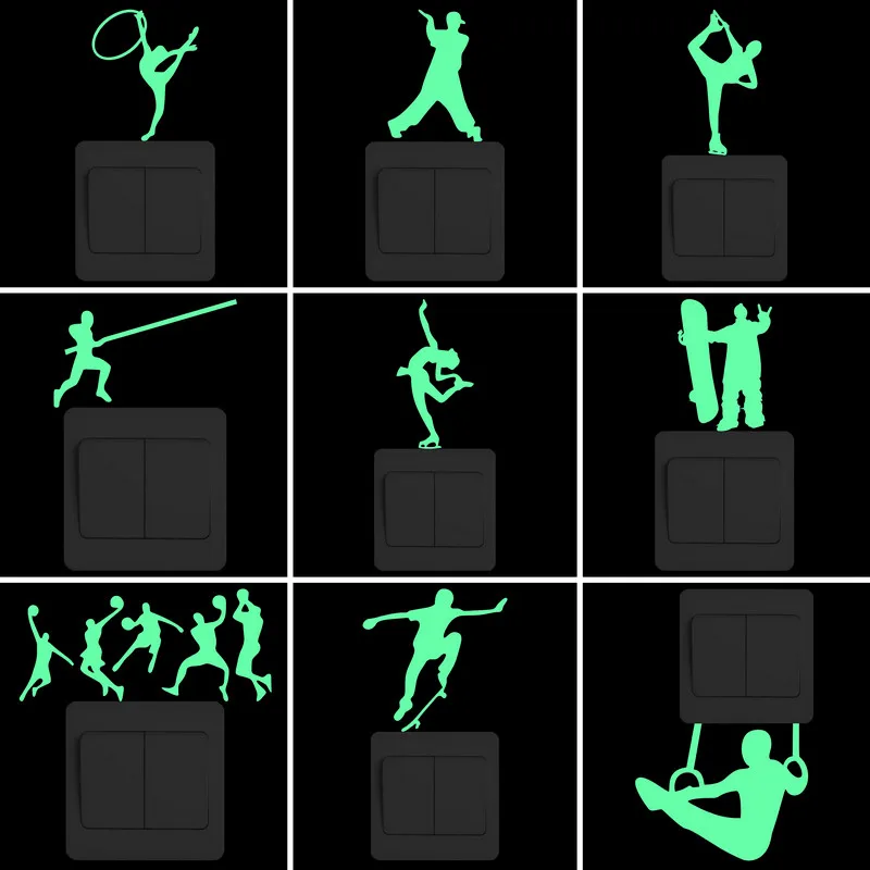 Funny Cartoon Sports Glow Wall Switch Sticker Girl Gymnast/Breakdance/Pole Vaulter/Ice Skating/Snowboarder/Basketball Players