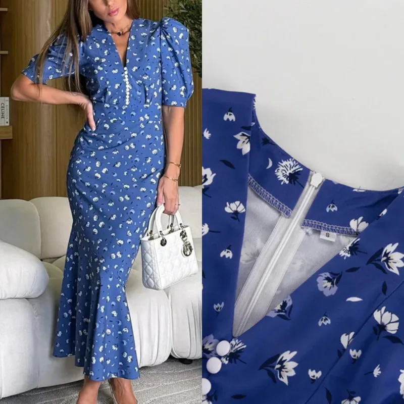 

V-neck Short Sleeve Women’s Slim Print Dress Summer Elegant High Waist Ankle-Length Dress Classic Fashion Female Dress For 2025