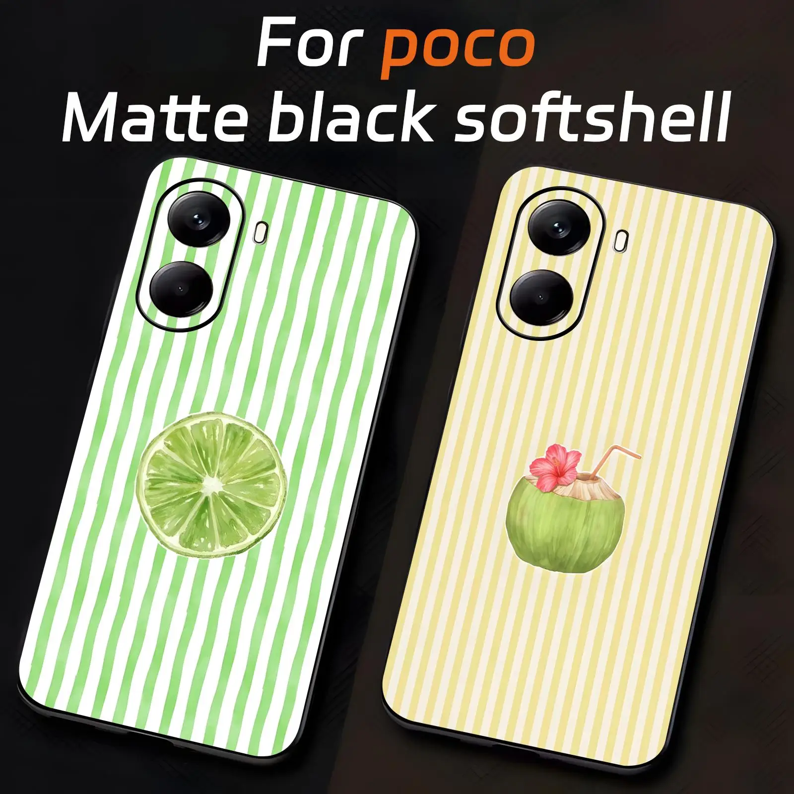 Para Xiaomi POCO M7 M6 M5 X7 X6 X5 F7 F6 F5 Pro 5G Funda suave negra a prueba de golpes Color sólido Rayas verticales Colección de frutas frescas