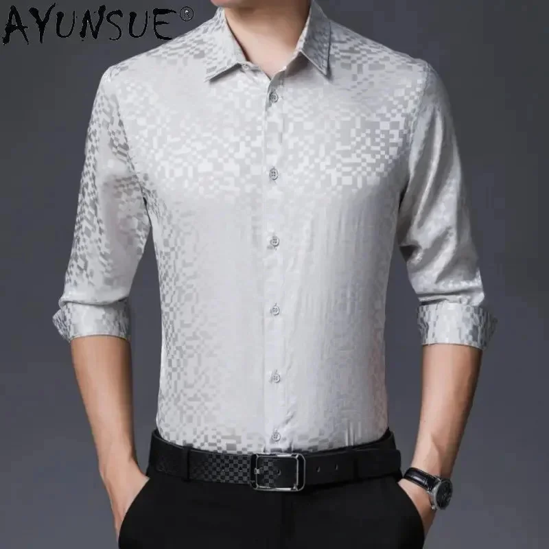 

AYUNSUE Mulberry Silk Long Sleeved Shirt Men's Satin T-shirt Solid Color Fashion Casual Tops Clothing Camisas