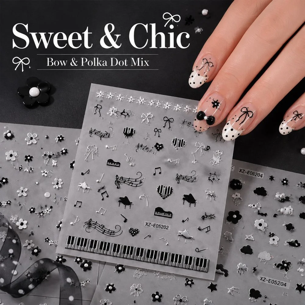 6Pcs Mixed Pattern Nail Stickers Black Silver Hollow Flower Piano Key Musical Note Bowknot Self‑Adhesive Decals For Manicure