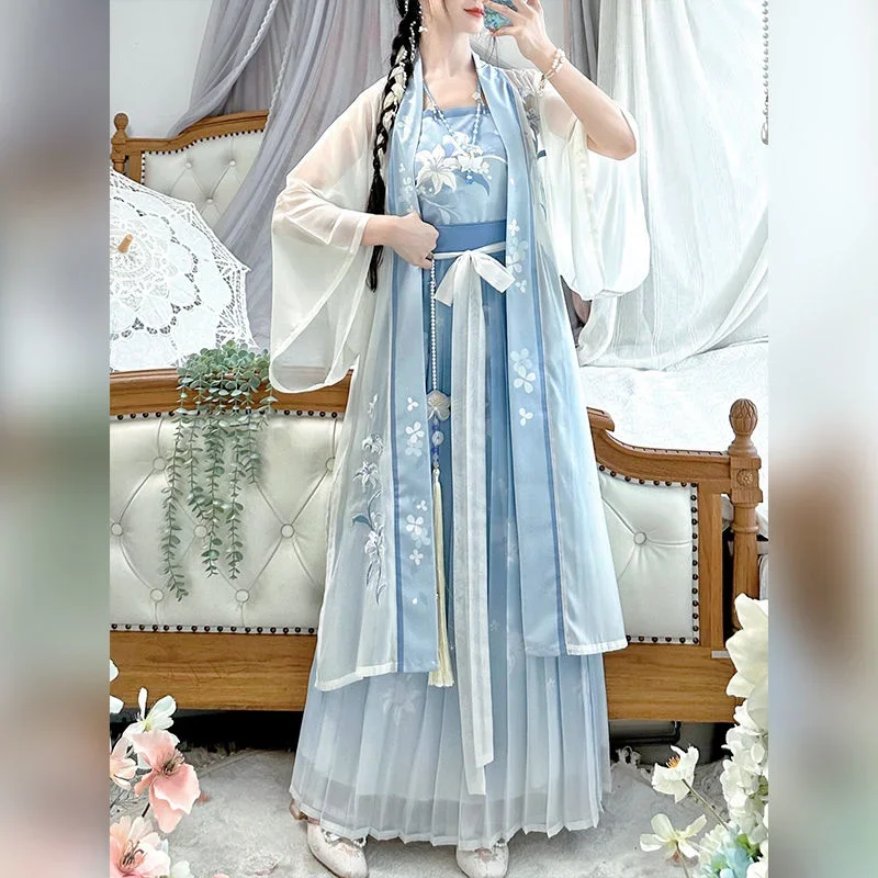 Hanfu Dress Women Chinese Traditional Printed Hanfu Student Halloween Cosplay Costume Hanfu Blue 3pcs Sets