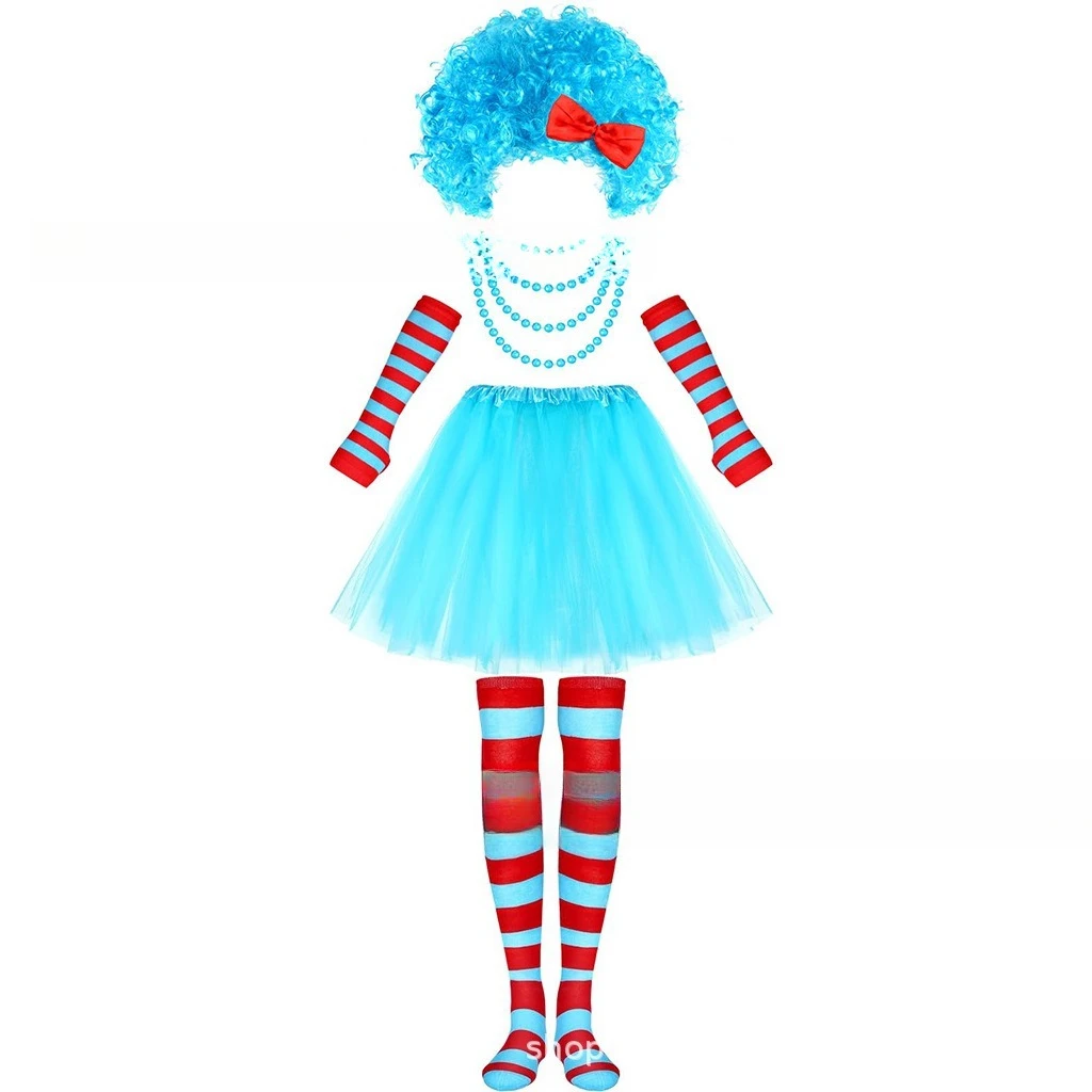 مجموعة أزياء الكرنفال - شعر مستعار أفرو مع فيونكة، سلسلة خرز متصلة، جوارب مخططة لتدفئة الذراع وتنورة توتو، طقم ملابس للحفلات الاحتفالية