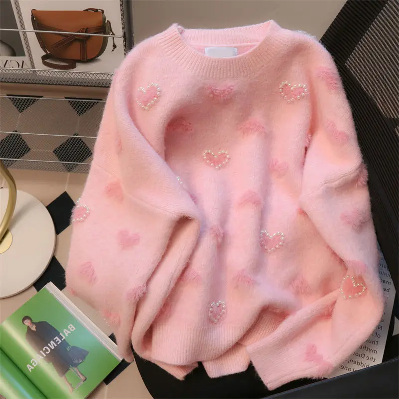 

Пуловер Love с бисером, свитер для женщин на осень и зиму, нежный мягкий клейкий ленивый стиль, милый свободный шерстяной вязаный свитер