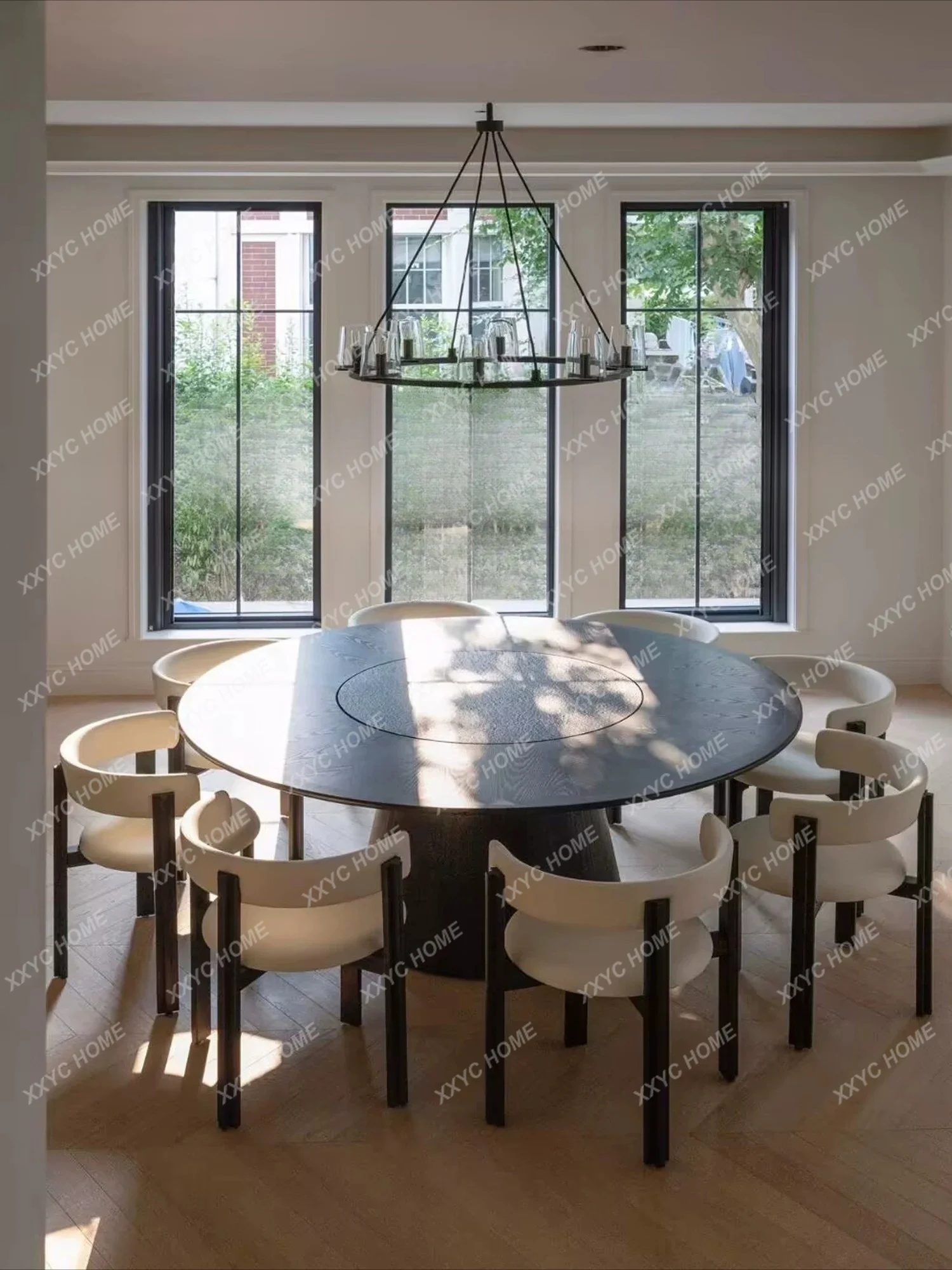 Medieval solid wood round inlaid rock slab turntable household dining table modern minimalist large round table