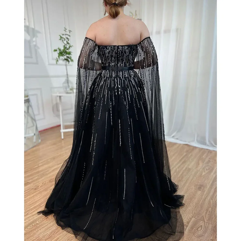 Serene Hill Black A Line Strapless Cape Sleeves Beaded Evening Gowns For Women Wedding Party Dresses 2025 DLA71824 Customized