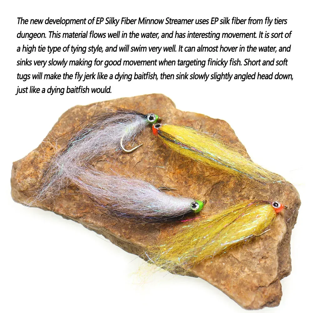 Bimoo 6PCS Slowly Sinking Wounded EP Silky Fiber Minnow Streamer Ice Dub Baitfish Streamer Fly Salmon Bass Trout Fishing Lures