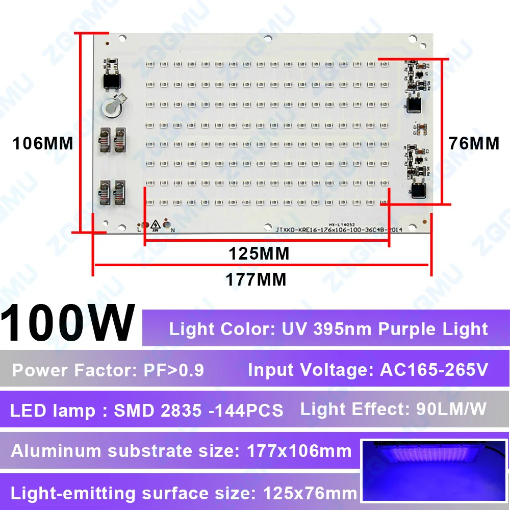 Imagem -05 - Uva uv 395nm Led Roxo Driver-livre Linear Led Placa de Fonte de Luz uv Fonte de Luz Cura Lâmpada de Alta Tensão uv Contas de Lâmpada 50w 100w