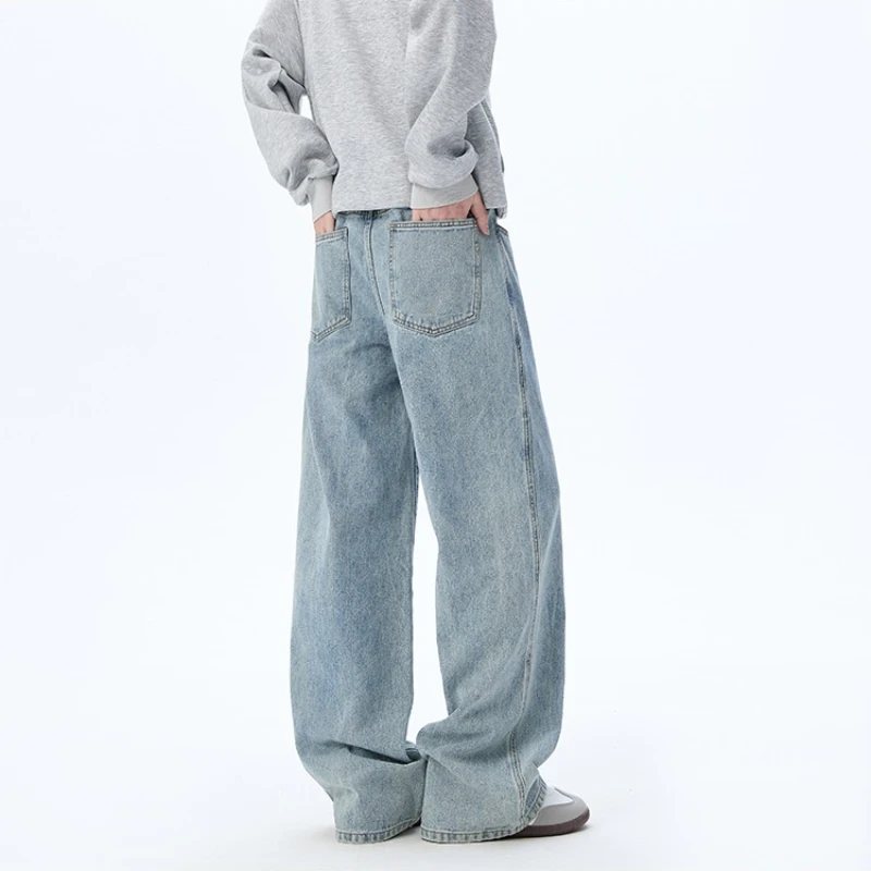 High-Quality High-Waisted Drawstring Elastic Waist Basic Style Man Wide-Leg Jeans Elastic Waist