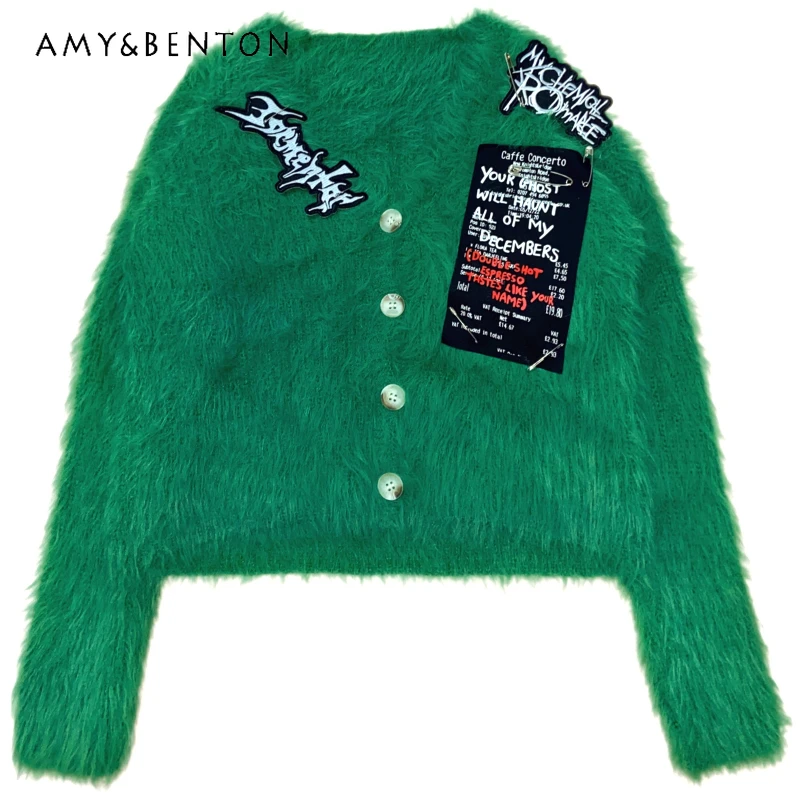 

Оригинальный дизайн Y2K, зеленый женский вязаный свитер из искусственного меха норки для девочек, осень-зима 202, новый свободный утягивающий пуловер для женщин