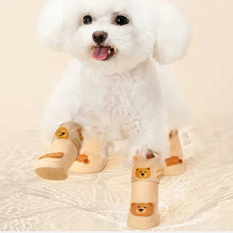 4Pcs/set Pet Silicone Rain Bear Shoes Dog Booties Rubber Portable Anti Slip Waterproof Dog Cat Outdoor Play Journey Pet Supplies