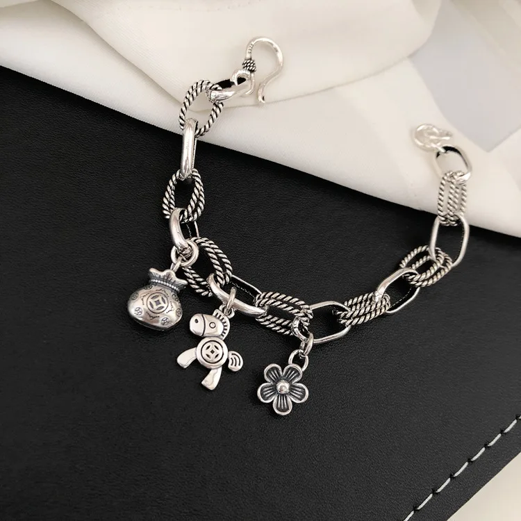 New Arrival Trendy Horse & Flower Retro Thai Silver Female Charm Bracelet Promotion Jewelry For Women Birthday Gifts No Fade