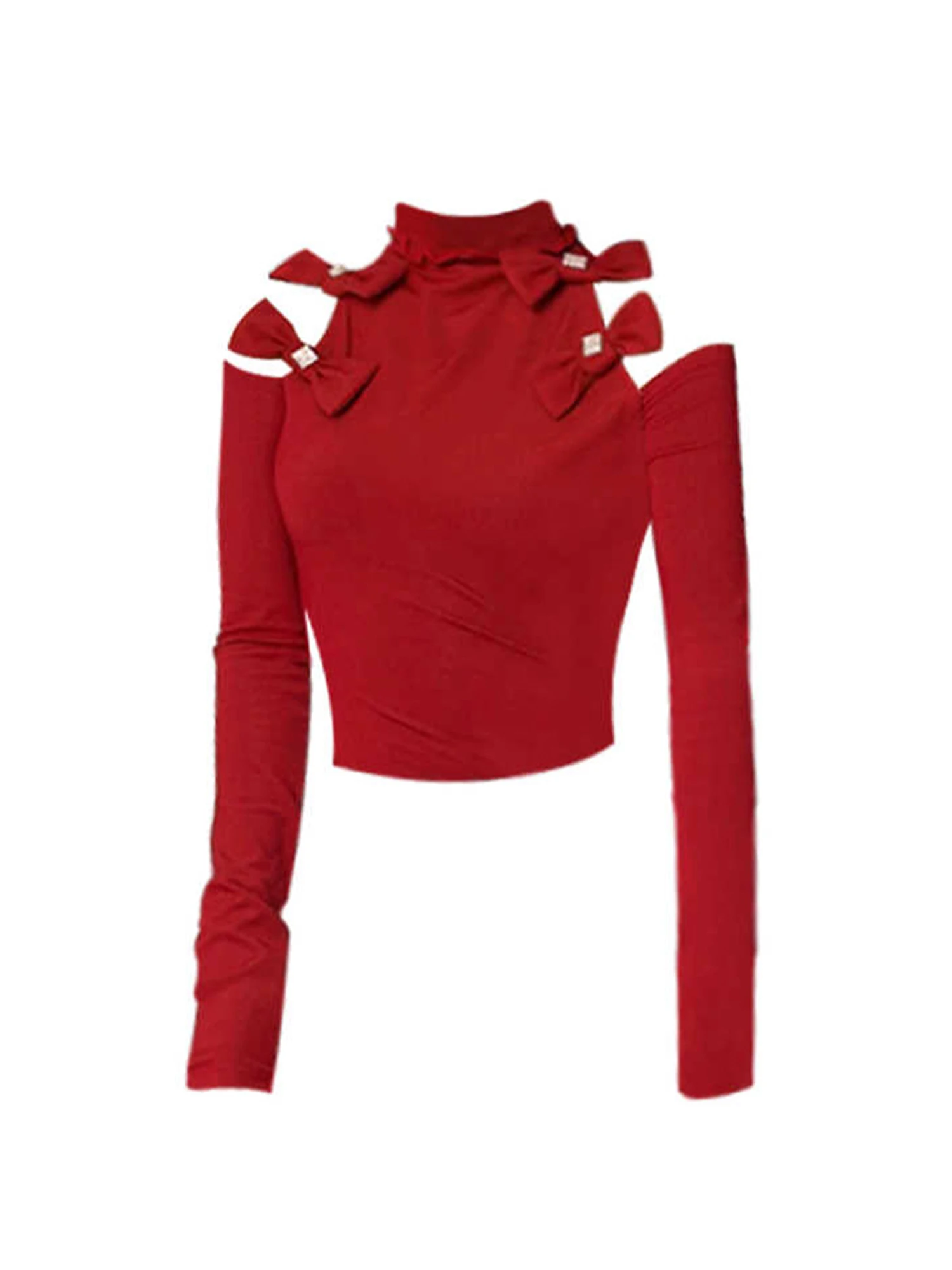 

Women's Red T-shirt Y2k Gyaru Knitted Cropped Tee Top Vintage Aesthetic Loose Long Sleeve Bow T-shirts 2000s Clothes 2025 Autumn