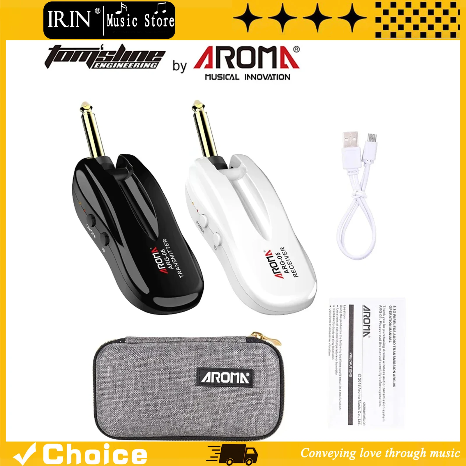 

AROMA 5.8GHz Guitar Wireless System Audio Transmission with Transmitter Receiver Rechargeable Battery for Guitars Bass Speaker
