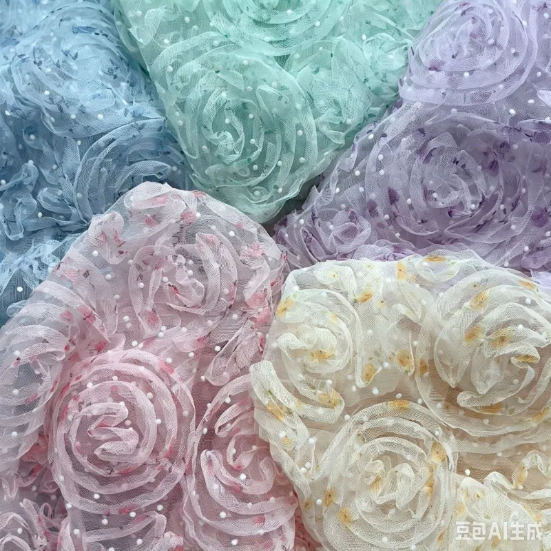 Plate Flower Embroidered Net Fabric Nylon Flocking Dotted Floral Print Mesh Fabric for Dress Skirt Baby Clothes By The Yard