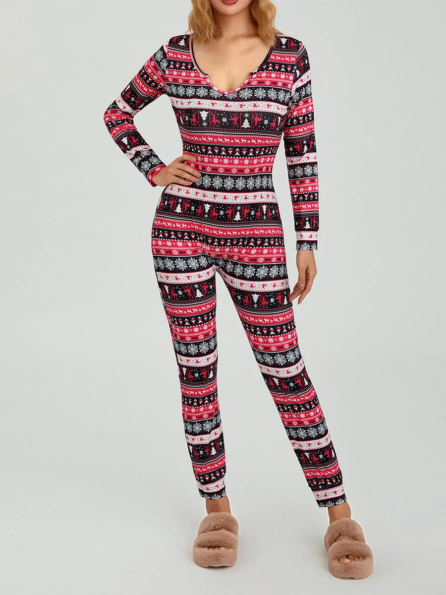 2024 New Women Sexy Christmas Pajamas Long Sleeve Printing Bodycon 1Piece jumpsuit Ugly Christmas Pjs Sleepwear