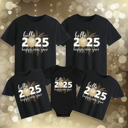 Hello 2025 Family Matching Clothes Happy New Year Dad Mom Kids Shirt Baby Romper Family T-shirt Holiday Party Look Outfit Tees