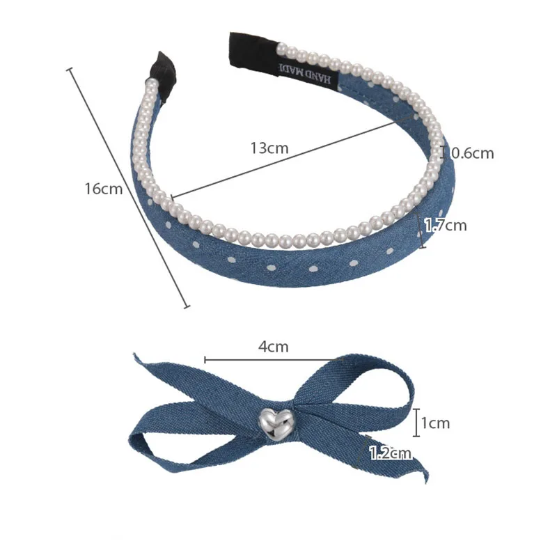 Vintage Denim Pearl Hair Bands Exquisite Bilayer Simple Design Headband Bowknot Denim Blue Hair Clips Hair Accessories for Women